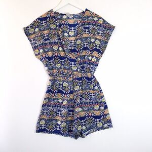 Love Republic Women S Romper Blue Aztec Geometric Batwing V Neck Cinched Waist